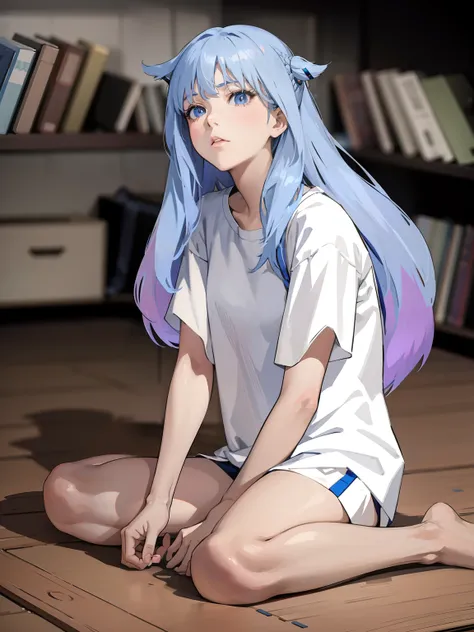 anime girl with blue hair sitting on the floor in a room, painted in anime painter studio, realistic anime artstyle, gapmoe yandere, silver hair (ponytail), beautiful blue haired girl, silver hair girl, girl with blue hair, inspired by Rei Kamoi, anime cha...