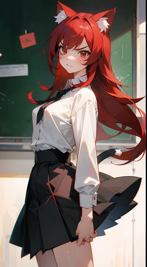 1girl ,20s,angry face,white shirt,black skirt,medium tits,red hair,long hair,red eyes,Cat ears,standing,classroom,