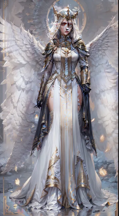 Jessica Green Gesicht, winged, Engel, ((Full-body CGInft)), Extrem detailliertes 8k-Hintergrundbild, kompliziert, detailreich, dramatisch, episch, Blondes helles Haar, the winged Albin queen wears very detailed shoulder pads made of black steel, which are ...