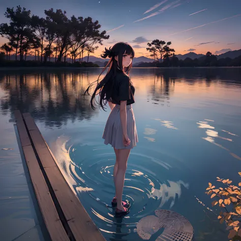 top-quality　Top image quality　Girl Looking Back　Happy Omote　Waterfront before dawn　Sunrise near night sky and horizon　from below looking up　Mirror-like surface of the lake　Perfectly opening fingers