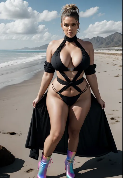 Khloé Kardashian, full body photoshoot, erotica, bright sunny day scene, athletic milf body, posing in beach, hourglass milf figure, big breasts, wearing rainbow print tiny micro bikini, thigh high boots, massive cleavage show, seductive face, look at a ca...