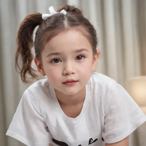 (photo: 1.3) af (realism: 1.4), ((child, child)) ((white T-shirt)), (twin ponytails), cute, super high resolution, (realism: 1.4), 1 Little girl, portrait close-up, soft light, short hair, facial focus, cheerful, young, confident, ((gray background)), (((m...