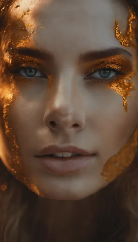 Epic hyperrealistic abstract image of a woman made using a (COLOR) makeup, in the style of hyper- realistic oil, detailed character illustrations, luminous spheres, melting, dark orange and gold,kimoicore, dark & explosive