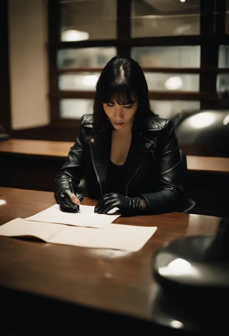 Wearing black leather gloves in both hands, upper body, black leather riders jacket, facing the desk in the modern study in the dark, looking down and smiling, writing a letter using a fountain pen, long straight black hair, young Japanese woman (black lea...