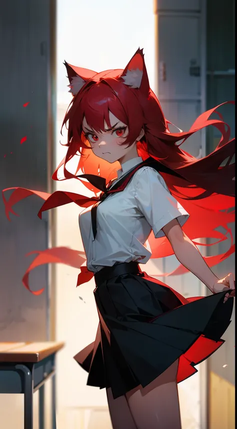 1girl ,20s,angry face,white shirt,black skirt,medium tits,red hair,long hair,red eyes,Cat ears,standing,classroom,no winds in hair