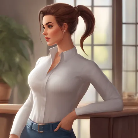 An intellectual mature beauty with a bumpy upper body wearing a white shirt, jeans on the lower body, hairstyle with a ponytail (Ponytail)   cartoon character