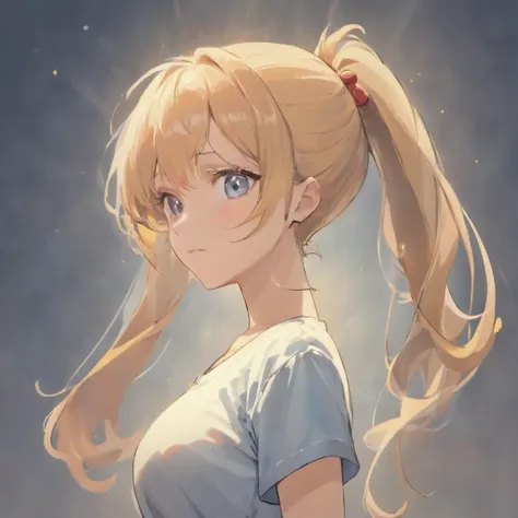 An intellectual mature beauty with a bumpy upper body wearing a white shirt, jeans on the lower body, hairstyle with a ponytail (Ponytail)   Full body anime characters with solid blue background