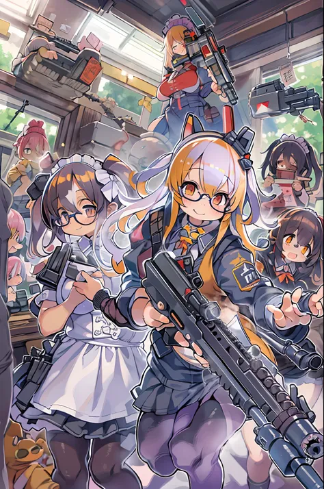 masutepiece, Best Quality, 1girl in, Empty eyes, Utsurome, maid, Smile,a child girl,Lori,(((Huge assault rifle))),rocket launcher、Multiple girls、big round glasses