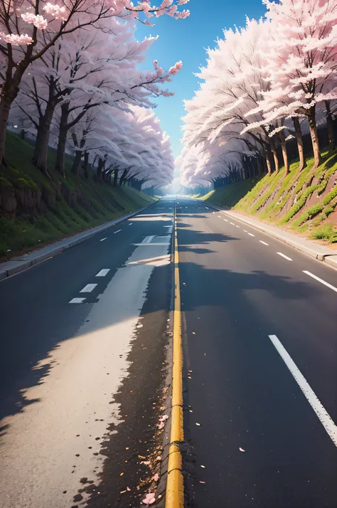 Quiet atmosphere, cherry trees on both sides of the long road.