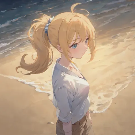 An intellectual mature beauty with a bumpy upper body wearing a white shirt, jeans on the lower body, hairstyle with a ponytail (Ponytail) To go out of the country all over the country sand sculpture anime characters background solid blue