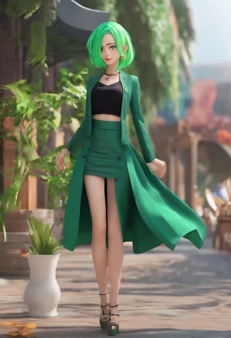 Green hair　femele　natta　Black clothe　long-sleeve　skirt by the