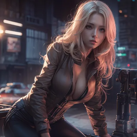 masutepiece, High resolution，Best Quality，High Definition, Perfect composition, Perfect face, Perfect body, 8K，Cinematic lighting，(((Mechanized Girl)))，City of criminals，a blond，femele，Midnight，Top Criminal Organizations，Off-shoulder，Navel，huge-breasted，