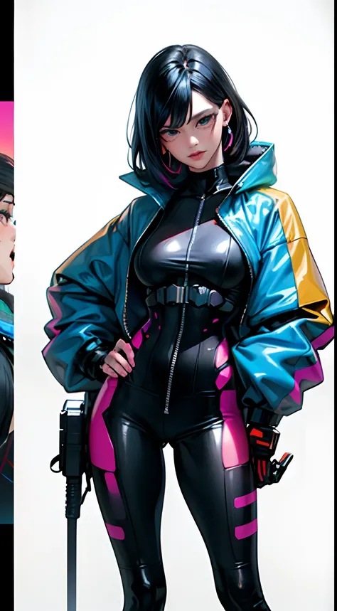 a female cyborg,skimpy costume,bondage,colourful jacket,cloak,pussy,busty,pubic hair,glamour,psychedelic costume,armored,A Cyberpunk dystopian girl,fantasic dystopia,dystopian scape,bladerunner,ghost in the shell,photorealistic,psychedelic colourful tone,p...