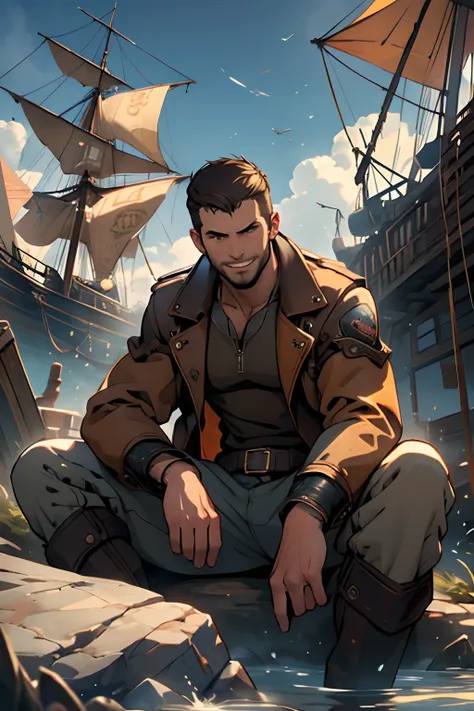 man, muscular male, big man, brown hair, very short hair, simple buzz cut, honey brown eyes, steampunk style clothes, thin beard, brown jacket, dark orange shirt, sitting, smile, enthusiastic expression, pirate ship background, cowboy shot beautiful sky, w...