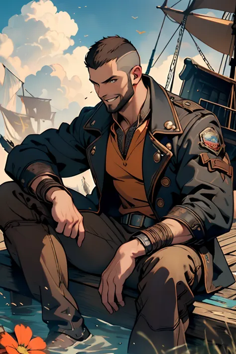 man, muscular male, big man, brown hair, very short hair, simple buzz cut, honey brown eyes, steampunk style clothes, thin beard, brown jacket, dark orange shirt, sitting, smile, enthusiastic expression, pirate ship background, cowboy shot beautiful sky, w...