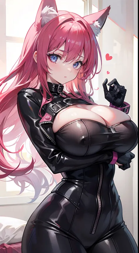 Shackles, BDSM, slave, rubber, pink corset, catsuit, collar, nsfw, ((highest quality, 8k, masterpiece: 1.3)), crisp focus: 1.2, 1girl, peaceful expression, fox ears, wet body: 1.5, highly detailed face and skin texture, detailed eyes, double eyelids, long ...