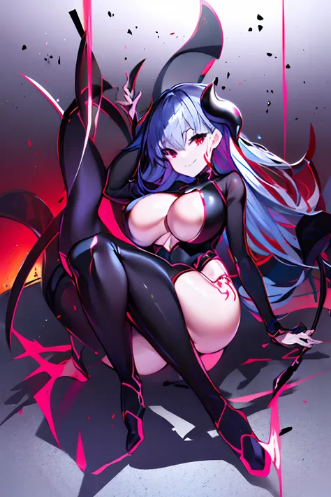 Black full body suit　huge tit　Big ass　Whip thighs　seductiv　a smile　succubus　Red lines all over the body　sprawl