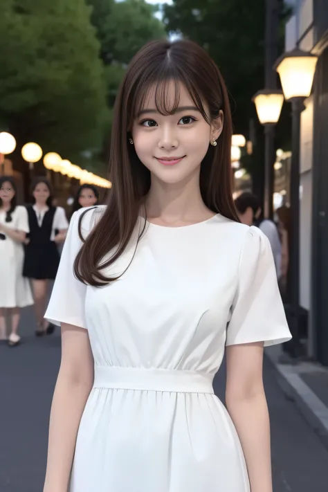 mix4, (16 K, Raw photography, Top image quality, ​masterpiece: 1.45), (realisitic, Photorealsitic: 1.37), one girls, 7．5, etc、Standing figure、Night time zone、cute little, A city scape,, photon maping, Cityscape with street trees, physically-based rendering...