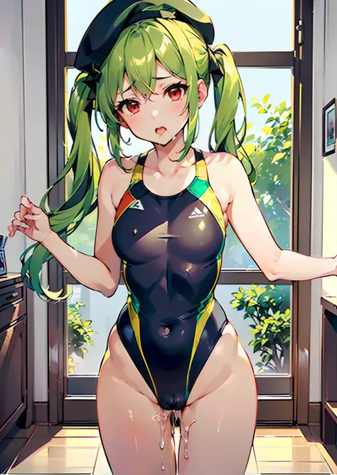 ((One Girl))、((((sexual pose))))、((Nasty look))、(((low twintails)))、(((Yellow-green hair)))、(((Red eyes)))、(((Black competitive swimsuit)))、((Black beret))、((top-quality))、((​masterpiece))、((ighly detailed))、((face perfect))、((high-level image quality))、((...