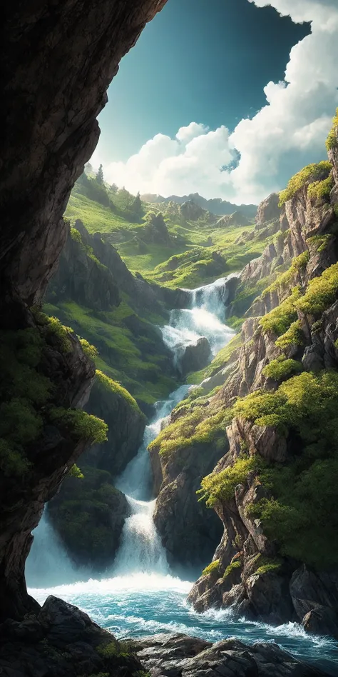 Masterpiece, best quality, high quality, extremely detailed CG unity 8k wallpaper, landscape, outdoor, sky, clouds, sky, no humans, mountain, landscape, water, tree, blue sky, waterfall, cliff, nature, lake, river , cloudy skies, award winning photography,...