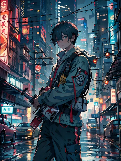 1boy,a 13 yo boy、Cyberpunk Boy、katanas,machine gun、Whole body bloody、The beginning of the adventure、Lots of clouds,heavy fog、starrysky、Moon,Chaotic city of the future、Movie dystopia、A group of very tall skyscrapers stands in the center、Very complex citysca...