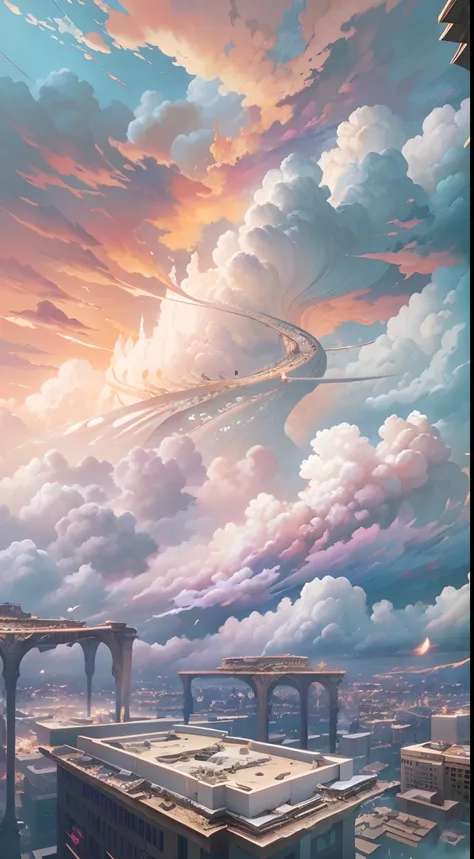 (Need)), ((tmasterpiece)), (A detailed),ultra-detailliert,extremely detailed and beautiful, Sky and white clouds and sunset glow background,ultra - detailed,imagination,Surrealist art fantasy style，pastelcolor, (Detailed cloud view:1.3),high qulity，Cinemat...