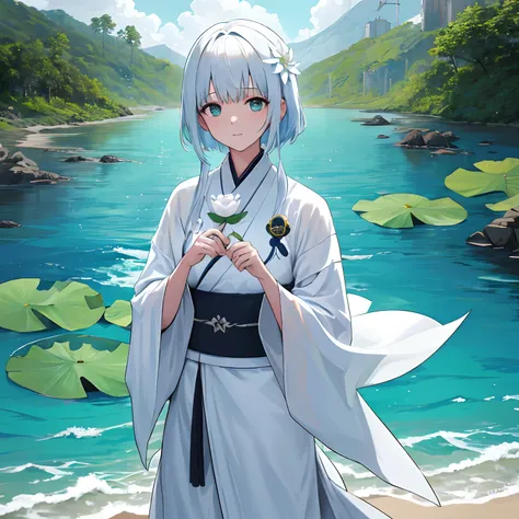 Highly detailed film water and ocean palette, a bald monk standing at the waters edge in white Hanfu, uma enorme cobra verde, A huge lotus flower on white, uma cachoeira muito alta, detalhes faciais requintados, Holofotes, perfect composition, surreal, ult...