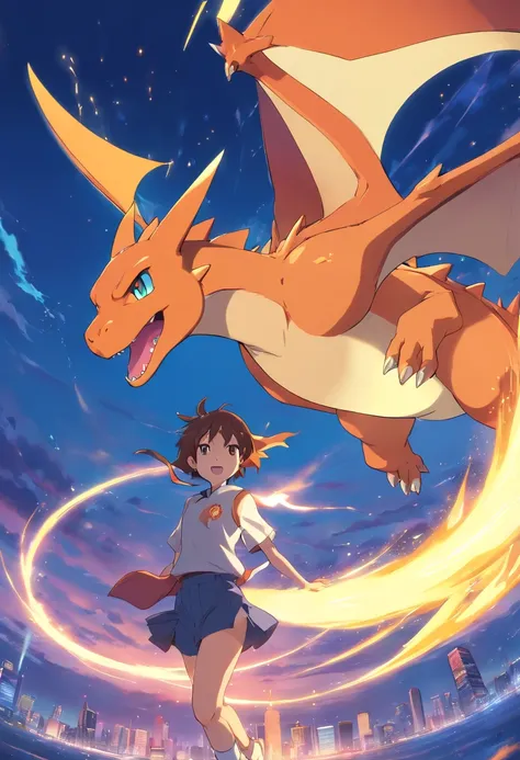 obra-prima, melhor qualidade, filme ainda, POKEMON charizard,sobrio, sinistrol, nuvem, floating into the sky, close-up, brilhante, feliz, Soft lighting and Warm, sun sunset, (Sparks: 0,7)