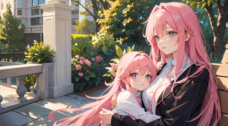 Mother with long pink hair，With daughter