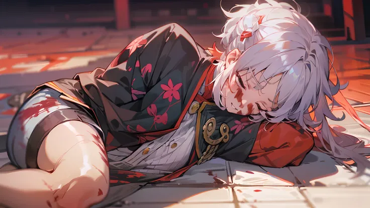 anime young woman, injured lying on the floor, short hair, hair tied back, white colored hair, red colored eyes, medium chest, small thighs, big body, strong body, red haori, red pants, 1 girl, closed eyes, furious face, pain face, eyes without lights, lyi...