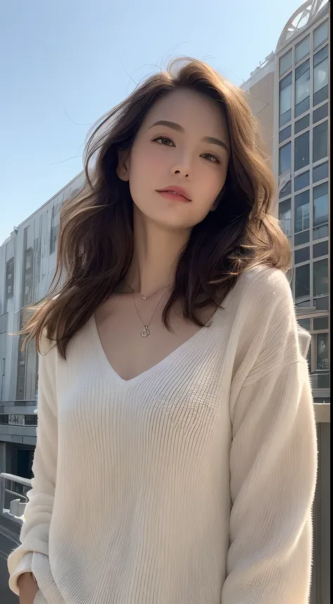 (top-quality、hight resolution、​masterpiece:1.3)、Tall and cute woman、Slender abs、Dark brown hair styled in loose waves、breastsout、Wearing a pendant、、(Modern architecture in background)、Details exquisitely rendered in the face and skin texture、A detailed eye...