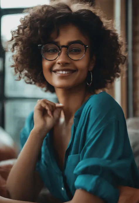 1girl, rounded glasses, big glasses, smiling, looking at the camera, short messy hair, dark-skinned, rounded eyes, cyan blue shirt, black shorts, close up, magazine shot, dynamic pose