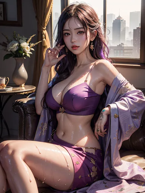 8k、RAW Photography、top-quality、​masterpiece:1.2)、(realisitic、photoRealstic:1.37)、1girl in、Asian、25-years old、femele、(deep in the night)、sunlights、a room、Daytime cityscape seen from the window、Studio Lighting、face lights、photon maping、Radio City、Purple hair...