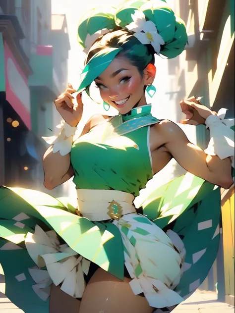 (((best quality))) (( 2 women )) ((bun hairstyle))  smiling , performing traditional, dance (( open street)) white ornate bodysuit, ((( green turquoise short satin skirt ))) ((( upskirt ))) ((white panties)) sexy upbeat pose, festive atmosphere, beautiful ...