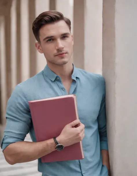 a man is leaning against a wall and holding a book, in the style of dark pink and sky-blue, neo-pop, vibrant stage backdrops, captivating gaze, warmcore, louis, dappled