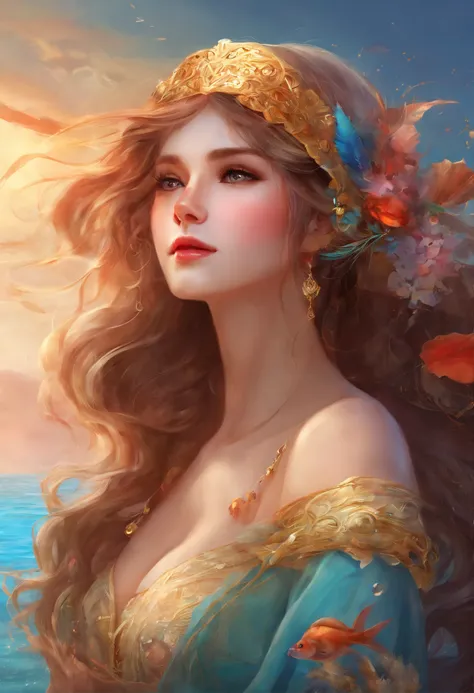 Masterpiece:1.4),, (Best quality:1.4),, Ultra-high RES,, 8K, CG,, (Extremely delicate and beautiful:1.2),,The upper part of the body,, 1girll,, Solo,, fashi-girl,, Mature girl,, , huge tit, Sweet,, , Sea backgroun，the reef，swell sea，Long brown hair,, pony-...