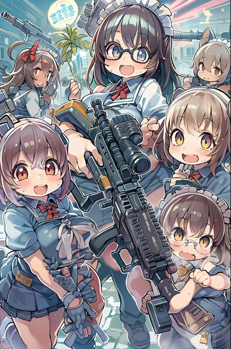 masutepiece, Best Quality, 1girl in, Empty eyes, Utsurome, maid, Smile,a child girl,Lori,(((Huge assault rifle))),rocket launcher、Multiple girls、big round glasses