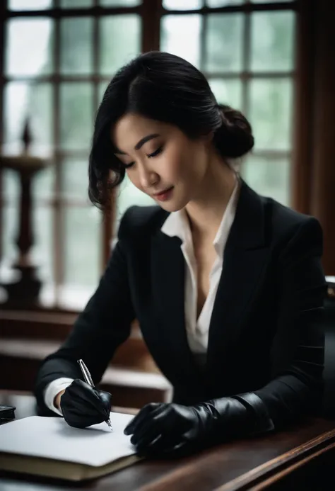 Wearing black leather gloves in both hands, upper body, black leather business suit, facing the desk in the modern study in the dark, looking down, smiling, writing a letter using a fountain pen, long, straight black hair, young Japanese woman (black leath...