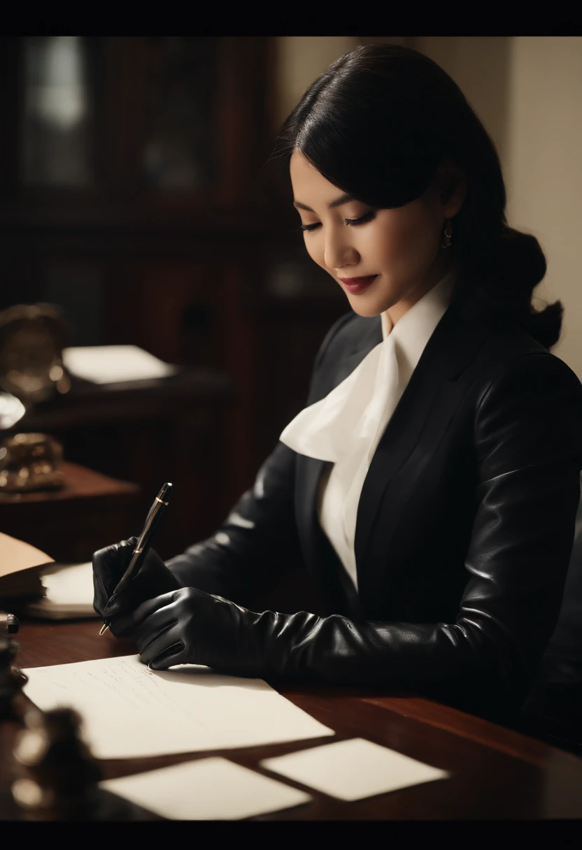 Wearing black leather gloves in both hands, upper body, black leather business suit, facing the desk in the modern study in the dark, looking down, smiling, writing a letter using a fountain pen, long, straight black hair, young Japanese woman (black leath...