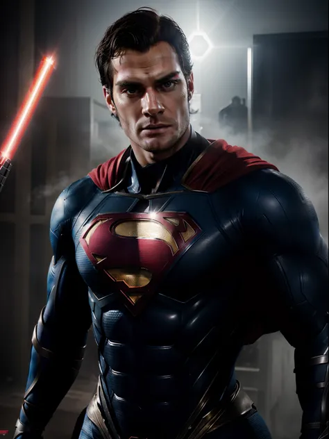 Superman as Henry Cavill, Henry Cavill Face, Human Body, Human Anatomy, with a robotic costume, Red Eye Lazer, Highly Detailed