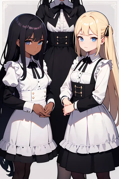 maid, 3 menina, left is black skin long black hair, left is white has long blonde hair and blue eyes, Middle girl is Asian with very long hair. lado a lado, mesmo design vestido de empregada cor preto branco, olhando para os espectadores. sala de estar bac...