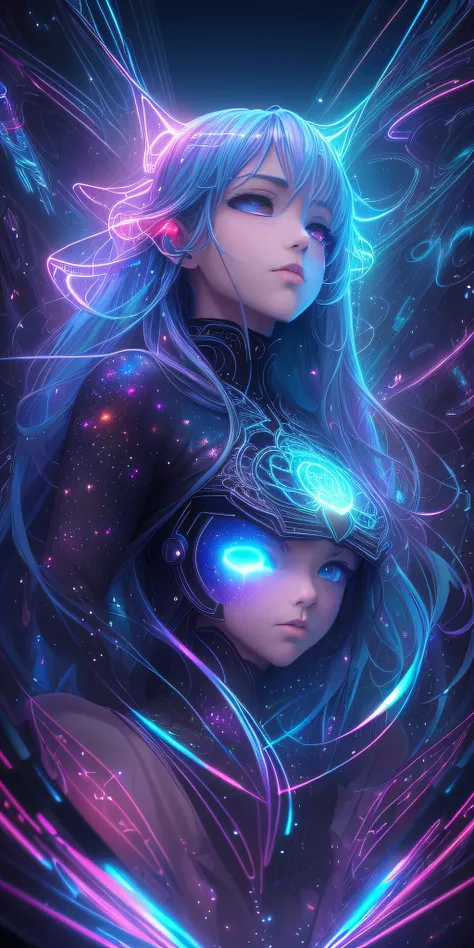 ((A highly detailed and vividly colored digital image of a young ethereally beautiful symmetrical face with long icy blue hair and eyes that reflect the galaxy., wearing an elegant futuristic dress that shines with holographic light reflections, Standing i...