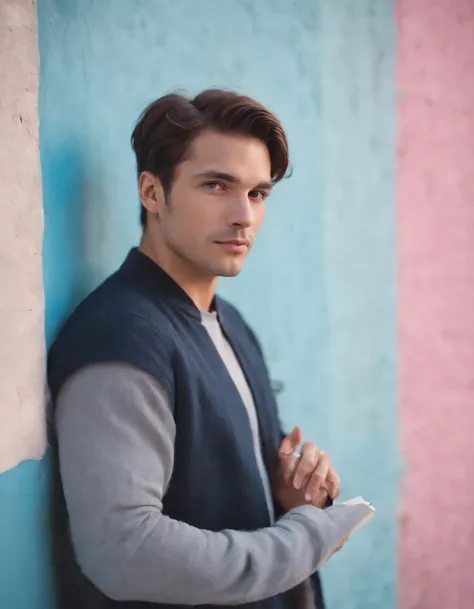 a man is leaning against a wall and holding a book, in the style of dark pink and sky-blue, neo-pop, vibrant stage backdrops, captivating gaze, warmcore, louis, dappled,(close-up)