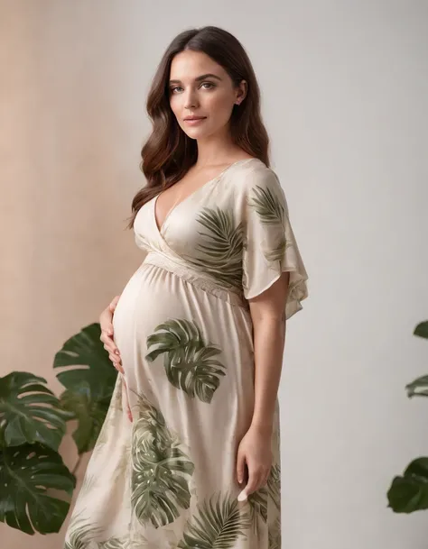 pregnant woman in beige dress printed with palm leaves, white studio background, bokeh style, in the style of ultrafine detail, high quality photo, close up, 135 mm f/8