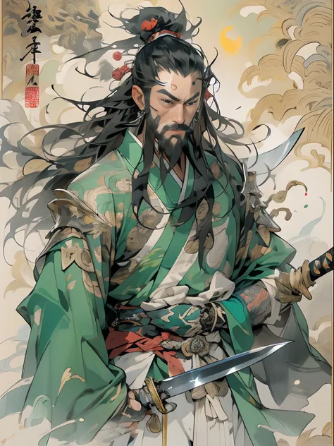 (((China-style，Ink painting method，Half-length portrait，Intense color，Han dynasty, China，Hanfu，Armor，Guan yu，Guan Yunchang，of a guy，Ruddy killing square face，Hold the Blue Dragon Moon Knife in his right hand，Stroke your beard with your left hand，Long hair，...