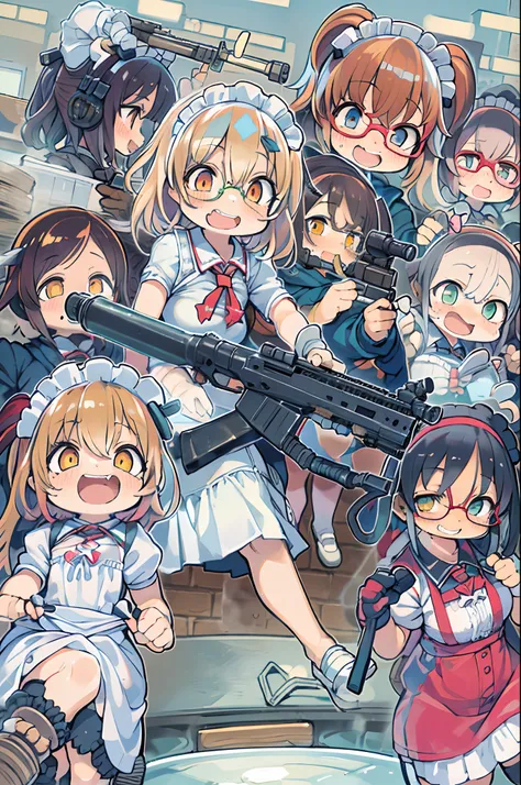 masutepiece, Best Quality, 1girl in, Empty eyes, Utsurome, maid, Smile,a child girl,Lori,(((Huge assault rifle))),rocket launcher、Multiple girls、big round glasses,double tooth