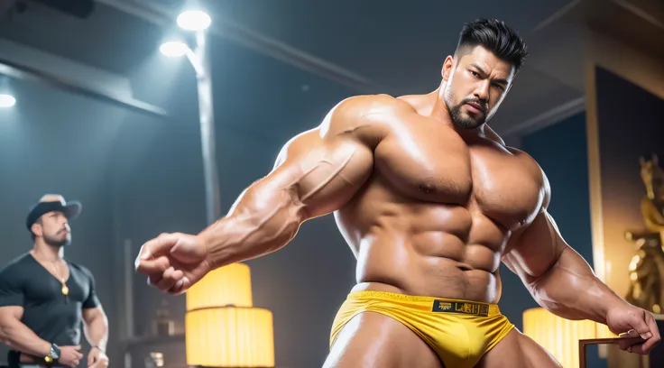 Very handsome，A Chinese actor，Cast spells，There is the light of Buddha behind him，Colorful light，short detailed hair，short mustache，Wear bright gold thongs，Perfect figure with tattoos, Very huge and strong body, Bulging muscles, musculous, Very large pecto...