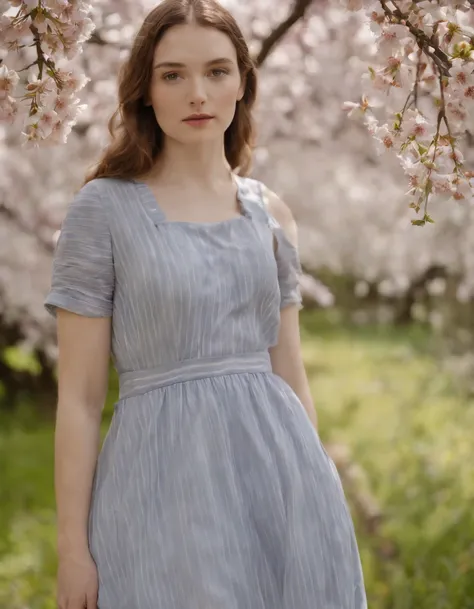 striped summer dress with hand printed cherry blossom linn, in the style of fujifilm pro 400h, close up, full of details, beatrix potter, light navy and gray, feminine empowerment, lucy glendinning ,(upper body)