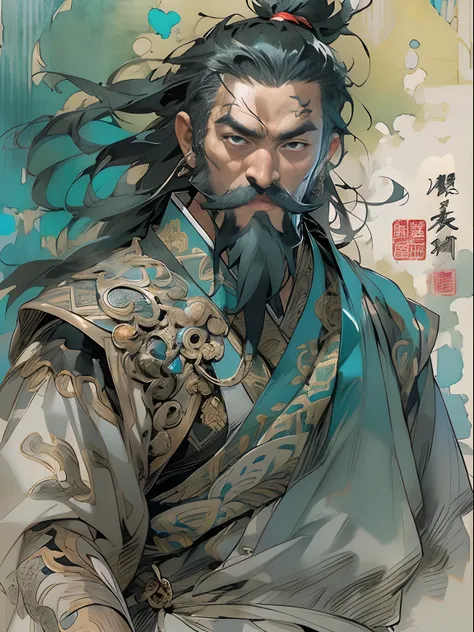 (((China-style，Ink painting method，Half-length portrait，Intense color，Han dynasty, China，Hanfu，Armor，Guan yu，Guan Yunchang，of a guy，Ruddy killing square face，Hold the Blue Dragon Moon Knife in his right hand，Stroke your beard with your left hand，Long hair，...