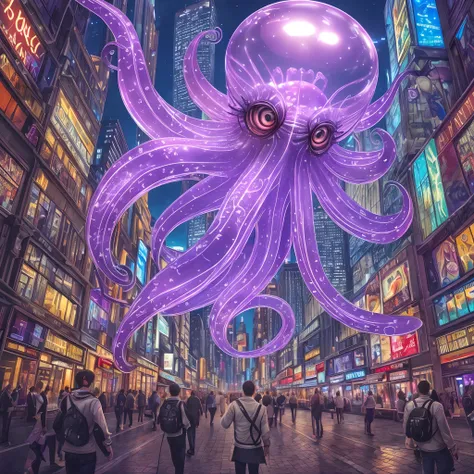 Masterpiece, Best quality, the wallpaper, Purple transparent octopus,（((Vitreous skin))) ,starlights，In the city，Photorealistic, high resolution, Detailed, Sharp focus